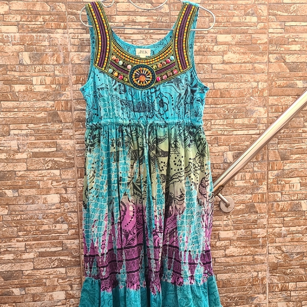 Bila Turquoise, Purple & Green Embroidered Midi Dress